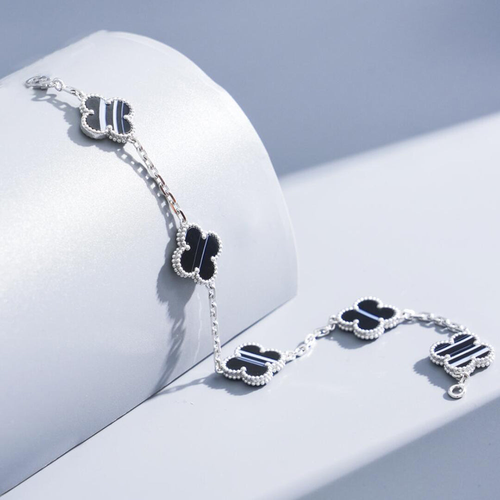 ⭐Miroze CLOVER 5 MOTIF VEINED ONYX BRACELET SILVER
