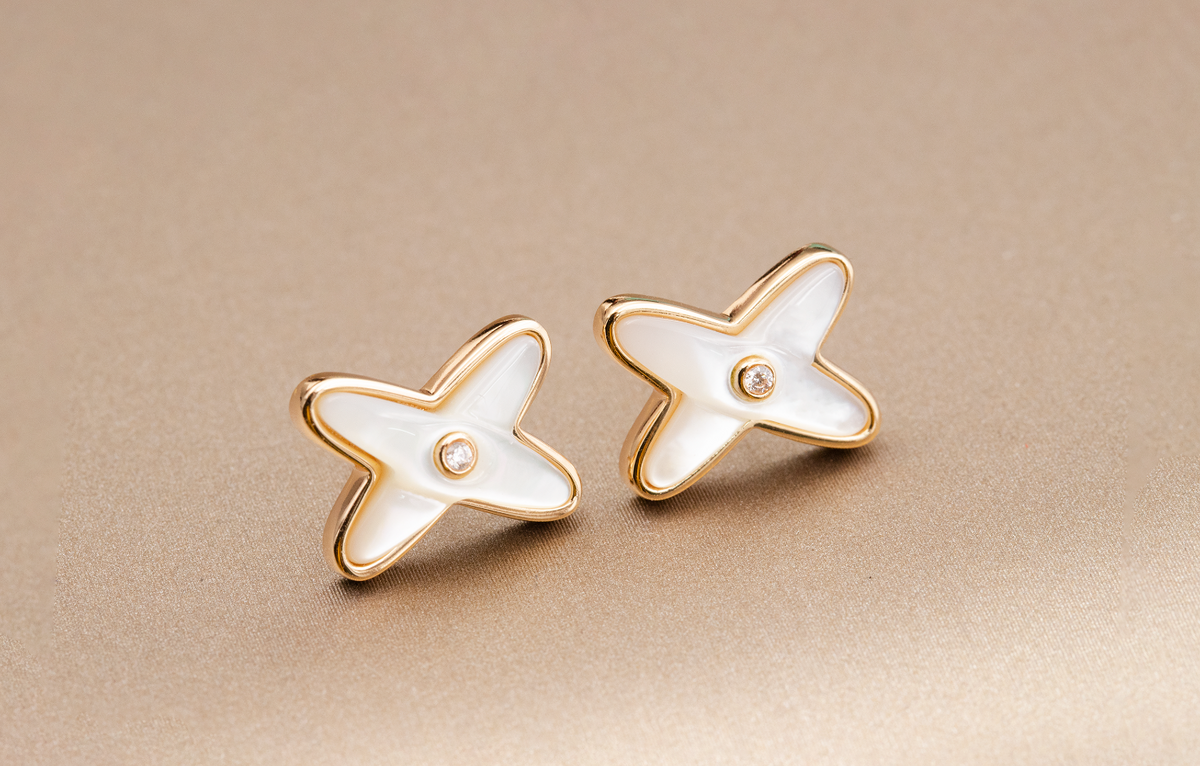 [⭐Miroze]JEUX DE WHITE MOP PINK GOLD DIAMOND EARRINGS