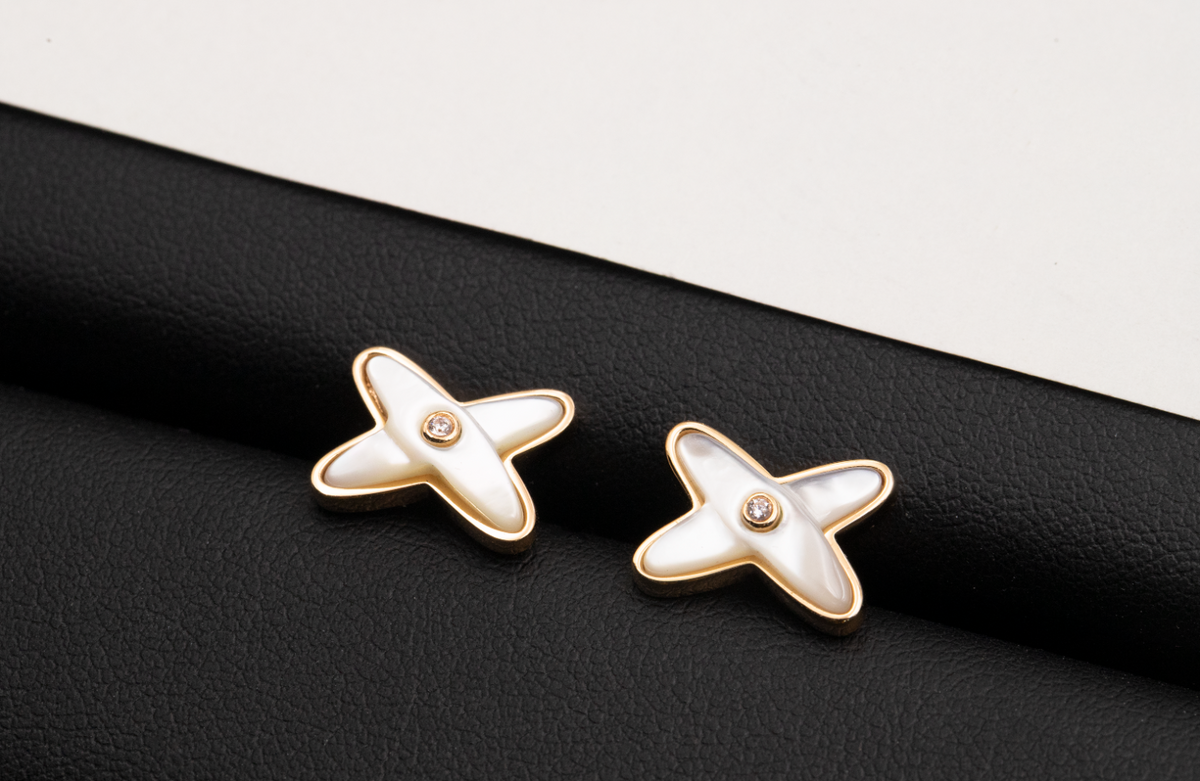 [⭐Miroze]JEUX DE WHITE MOP PINK GOLD DIAMOND EARRINGS