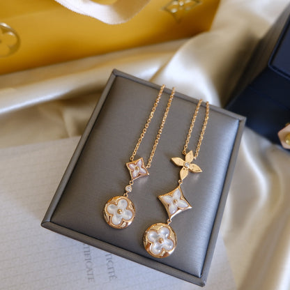 [⭐Miroze]COLOR BLOSSOM LARIAT NECKLACE PINK GOLD WHITE MOTHER PEARL AND DIAMOND