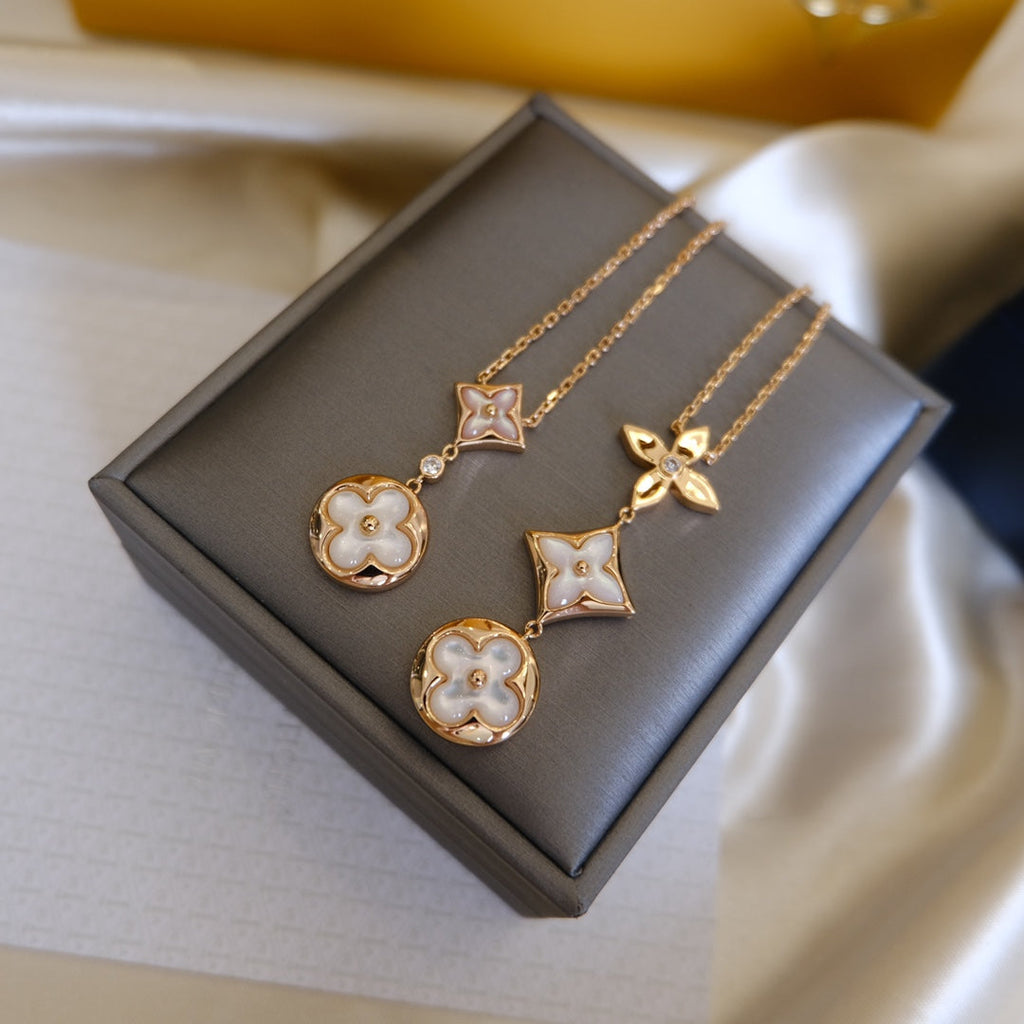 ⭐Miroze COLOR BLOSSOM LARIAT NECKLACE PINK GOLD WHITE MOTHER PEARL AND DIAMOND