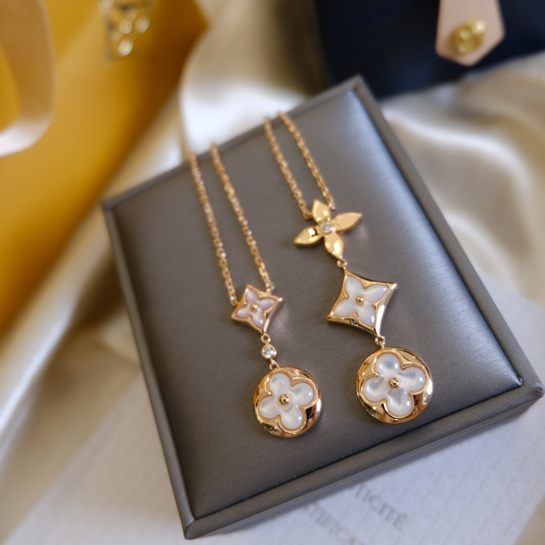 ⭐Miroze COLOR BLOSSOM LARIAT NECKLACE PINK GOLD WHITE MOTHER PEARL AND DIAMOND