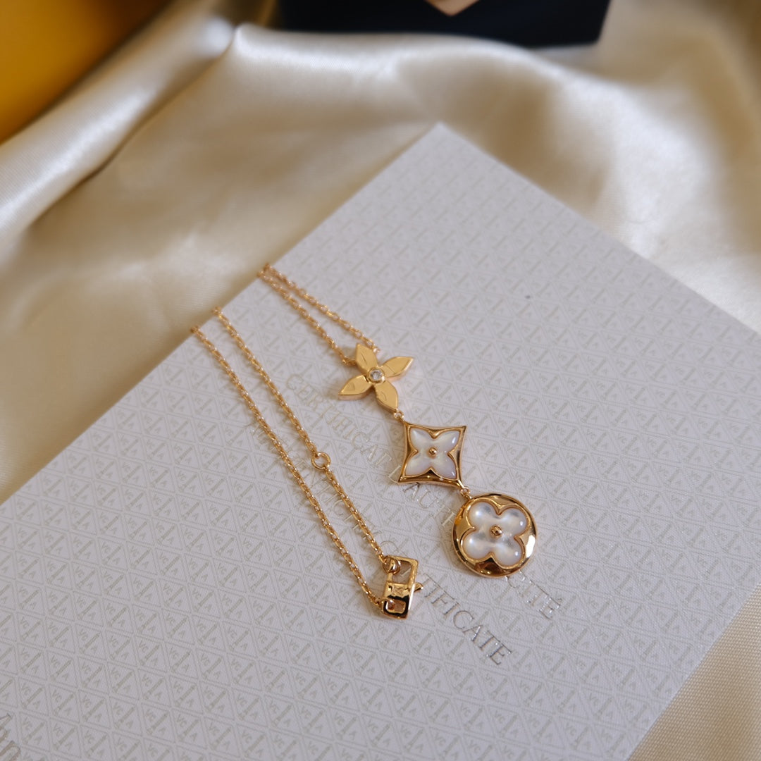 ⭐Miroze COLOR BLOSSOM LARIAT NECKLACE PINK GOLD WHITE MOTHER PEARL AND DIAMOND