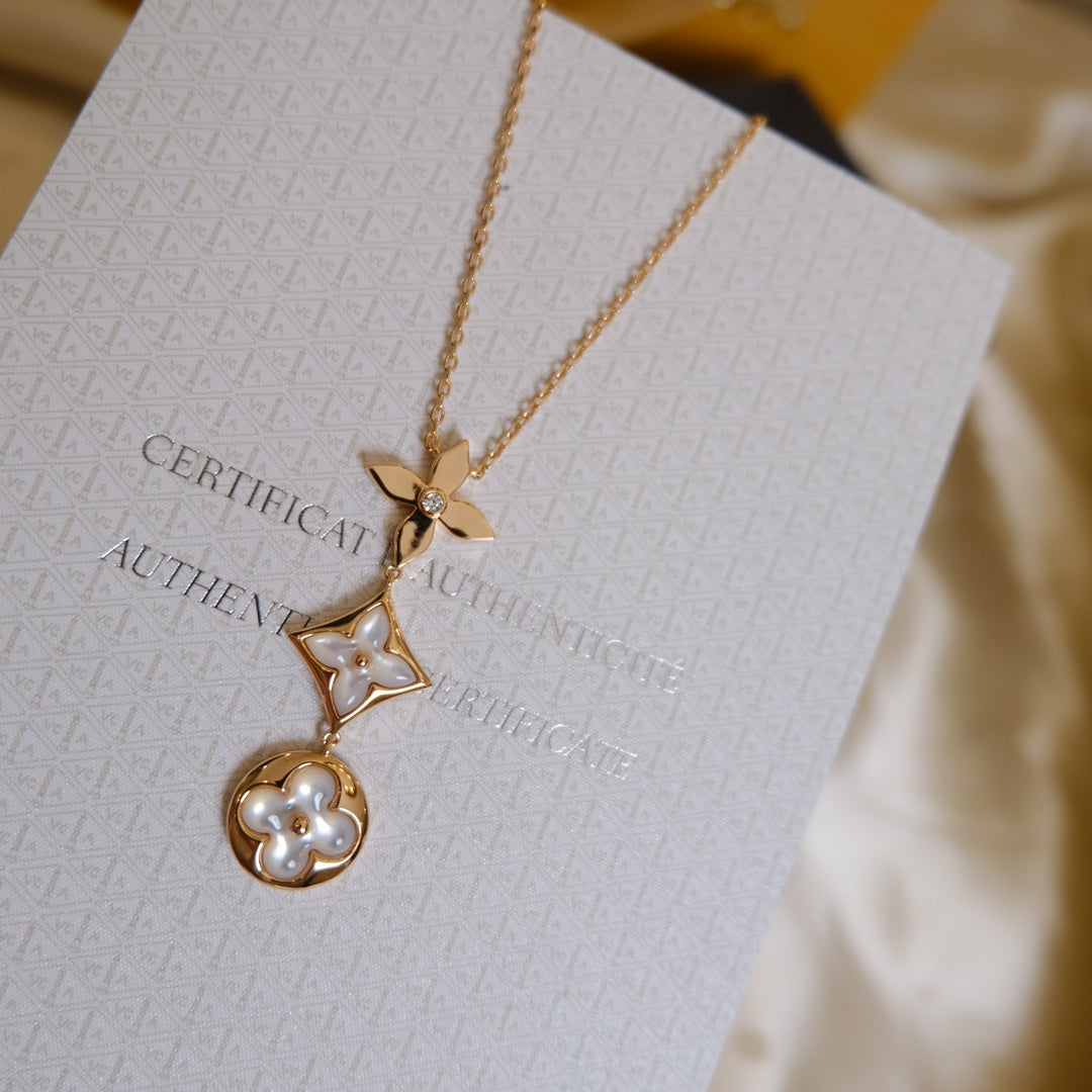 ⭐Miroze COLOR BLOSSOM LARIAT NECKLACE PINK GOLD WHITE MOTHER PEARL AND DIAMOND