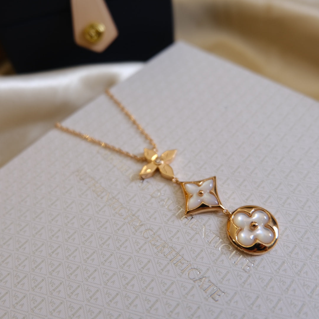 ⭐Miroze COLOR BLOSSOM LARIAT NECKLACE PINK GOLD WHITE MOTHER PEARL AND DIAMOND