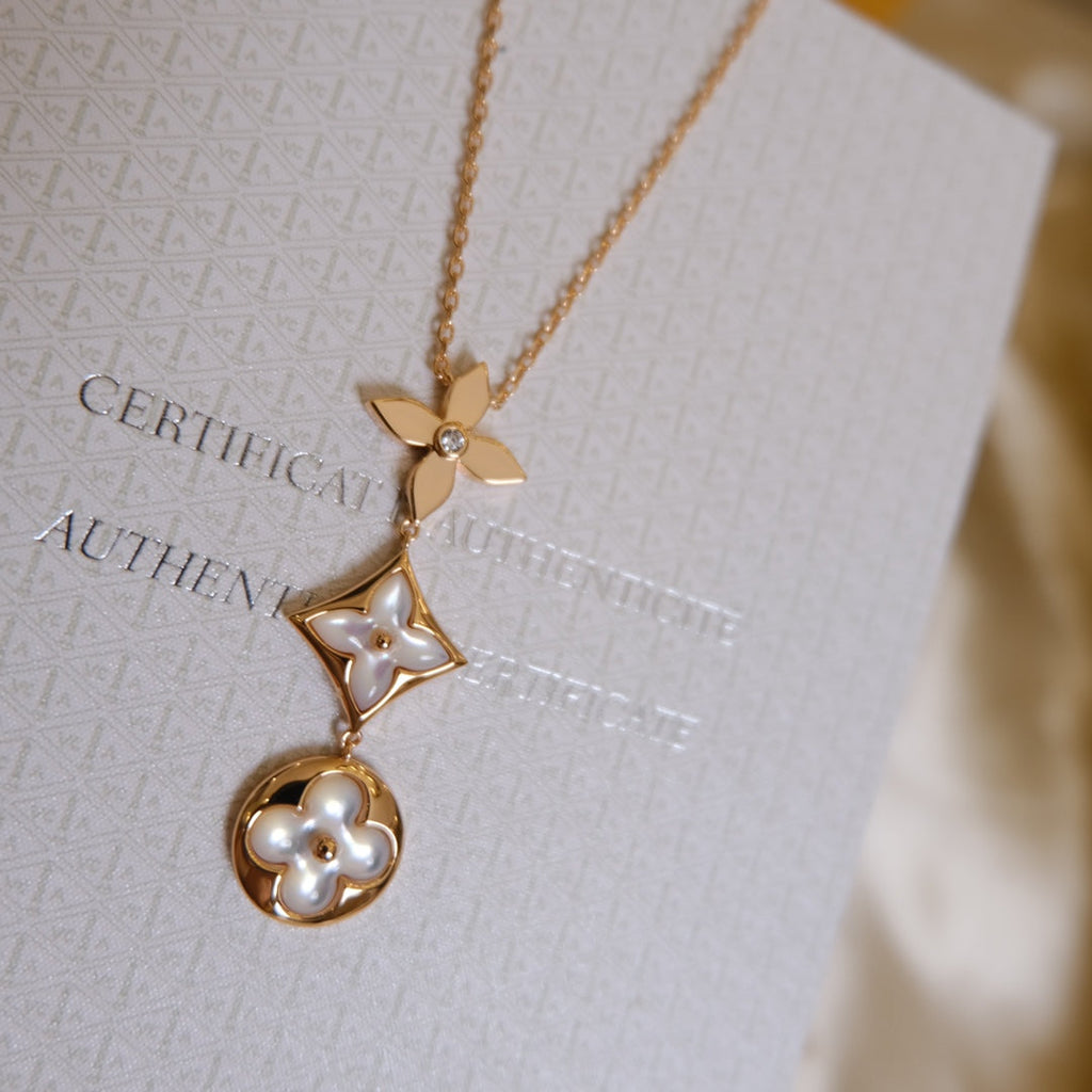 ⭐Miroze COLOR BLOSSOM LARIAT NECKLACE PINK GOLD WHITE MOTHER PEARL AND DIAMOND