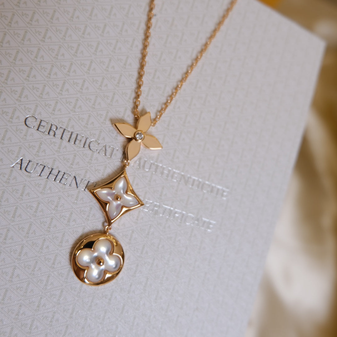 ⭐Miroze COLOR BLOSSOM LARIAT NECKLACE PINK GOLD WHITE MOTHER PEARL AND DIAMOND