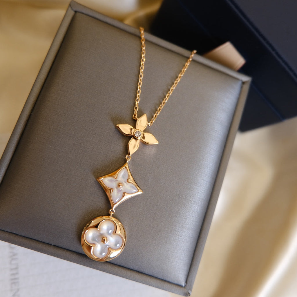 ⭐Miroze COLOR BLOSSOM LARIAT NECKLACE PINK GOLD WHITE MOTHER PEARL AND DIAMOND