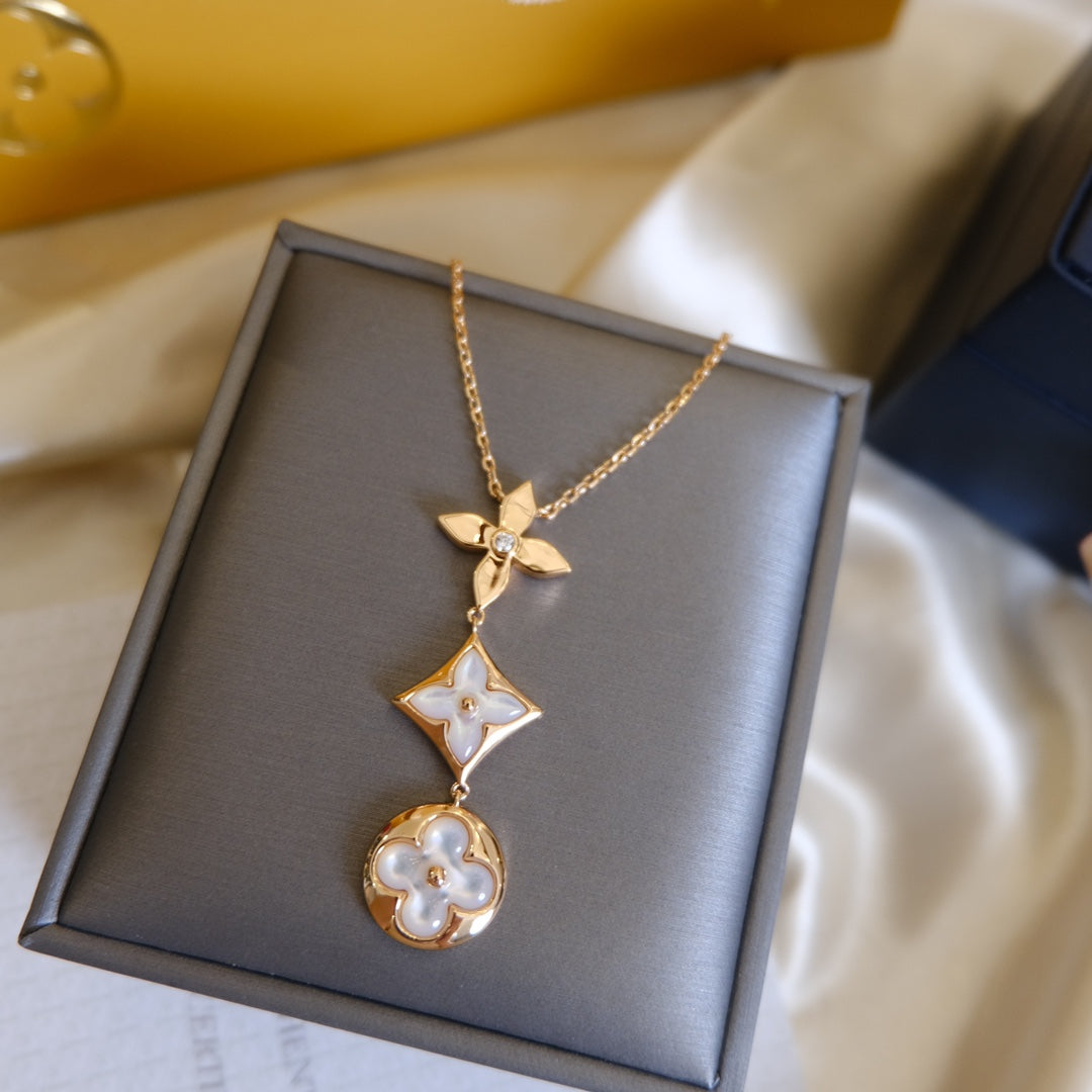[⭐Miroze]COLOR BLOSSOM LARIAT NECKLACE PINK GOLD WHITE MOTHER PEARL AND DIAMOND