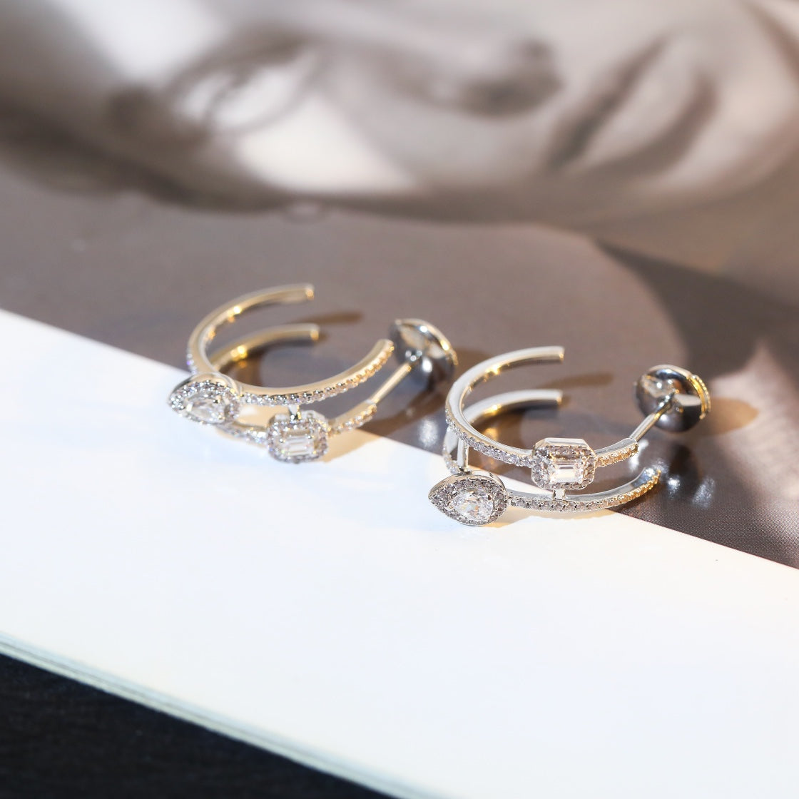 [⭐Miroze]CREOLES MY TWIN 2 RANGS SILVER DIAMOND EARRINGS