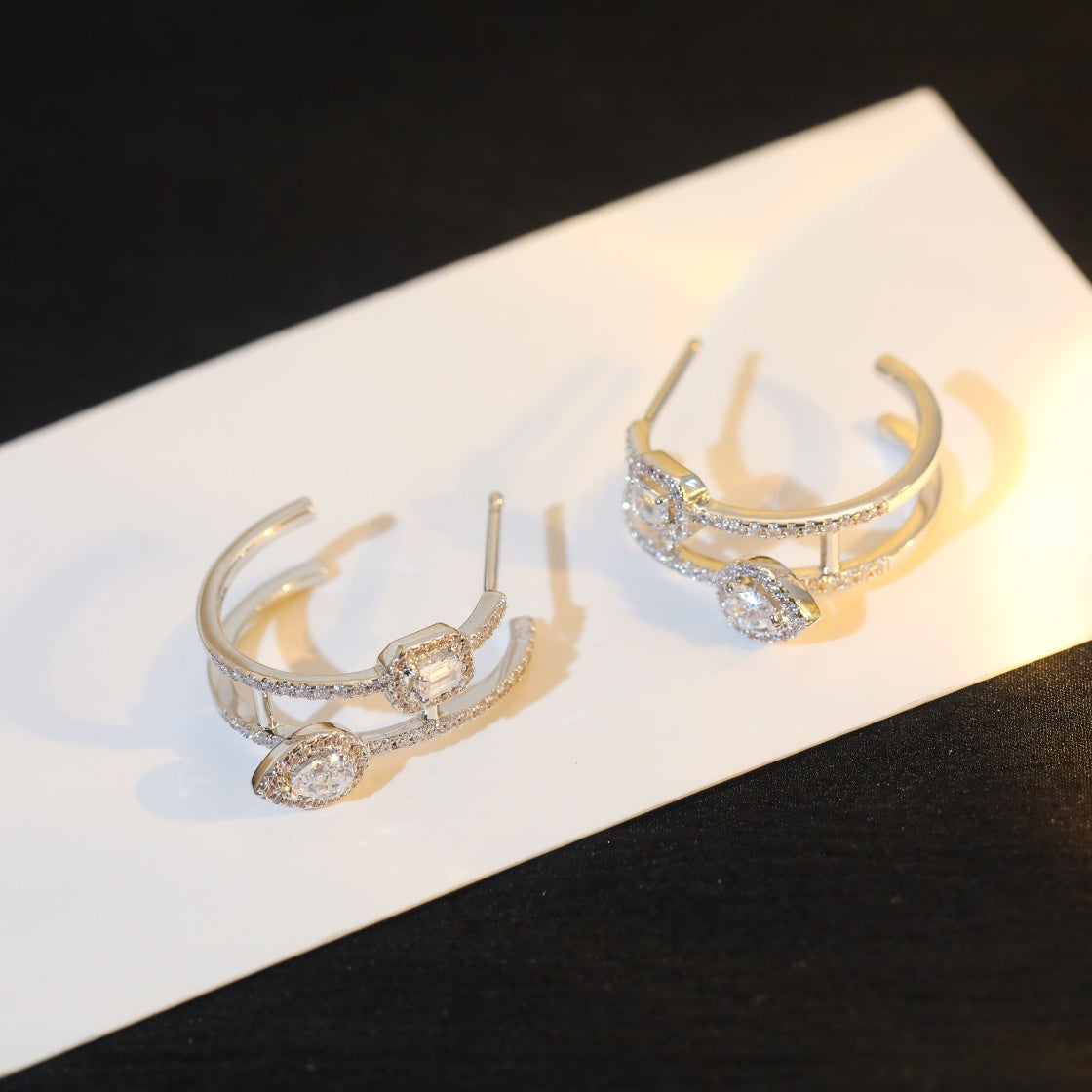 [[⭐DORISW] ] CREOLES MY TWIN 2 RANGS SILVER DIAMOND EARRINGS