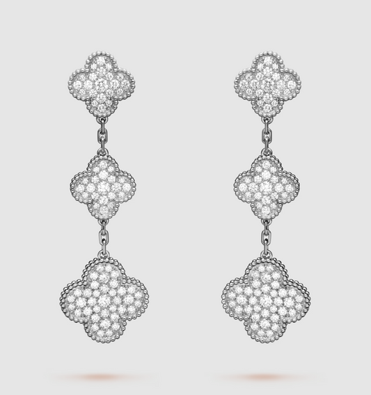 [⭐Miroze]CLOVER 3 MOTIF DIAMOND SILVER DROP EARRINGS
