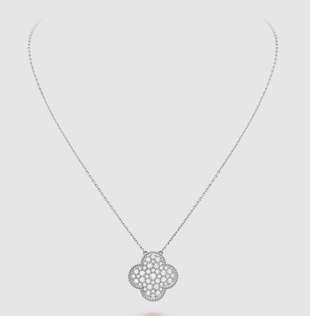 ⭐Miroze CLOVER 25MM LARGE PENDANT DIAMOND PAVED SILVER NECKLACE