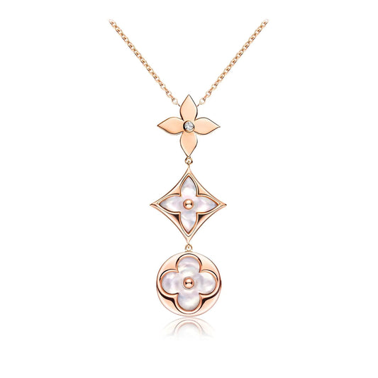 [⭐Miroze]COLOR BLOSSOM LARIAT NECKLACE PINK GOLD WHITE MOTHER PEARL AND DIAMOND