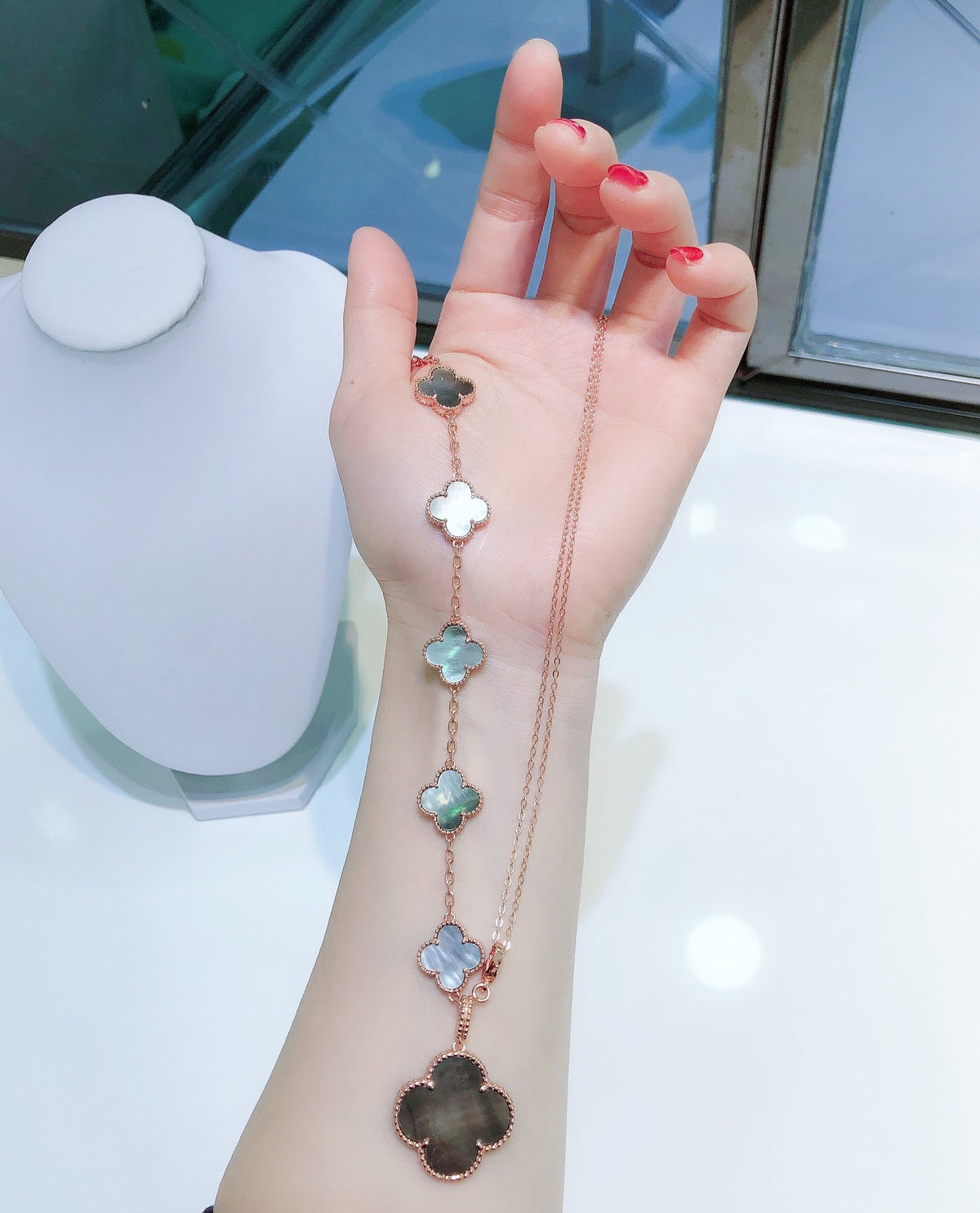 ⭐Miroze COMBINED BRACELET 5 MOTIFS AND NECKLACE DARK MOP ROSE GOLD