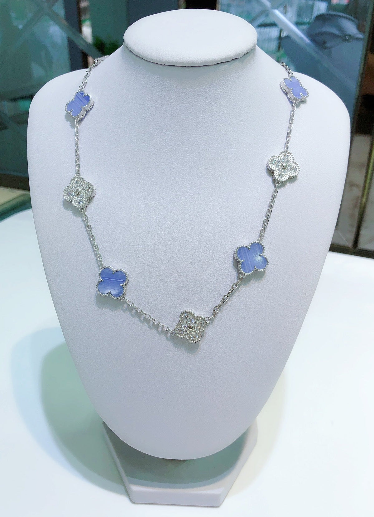 ⭐Miroze CLOVER 10 MOTIFS CHALCEDONY DIAMONDS SILVER NECKLACE