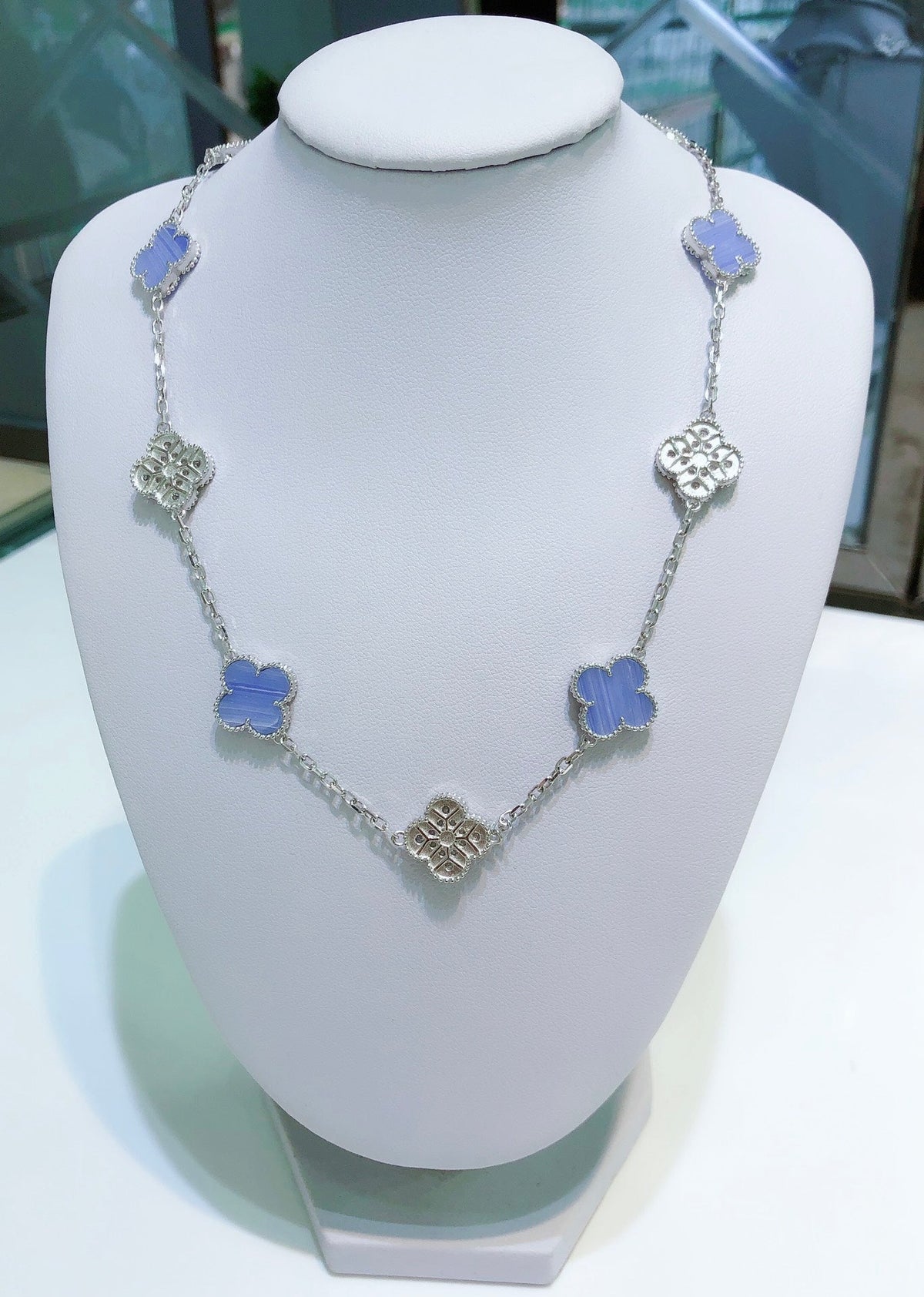 [⭐Miroze]CLOVER 10 MOTIFS CHALCEDONY DIAMONDS SILVER NECKLACE