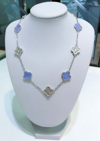 [⭐Miroze]CLOVER 10 MOTIFS CHALCEDONY DIAMONDS SILVER NECKLACE