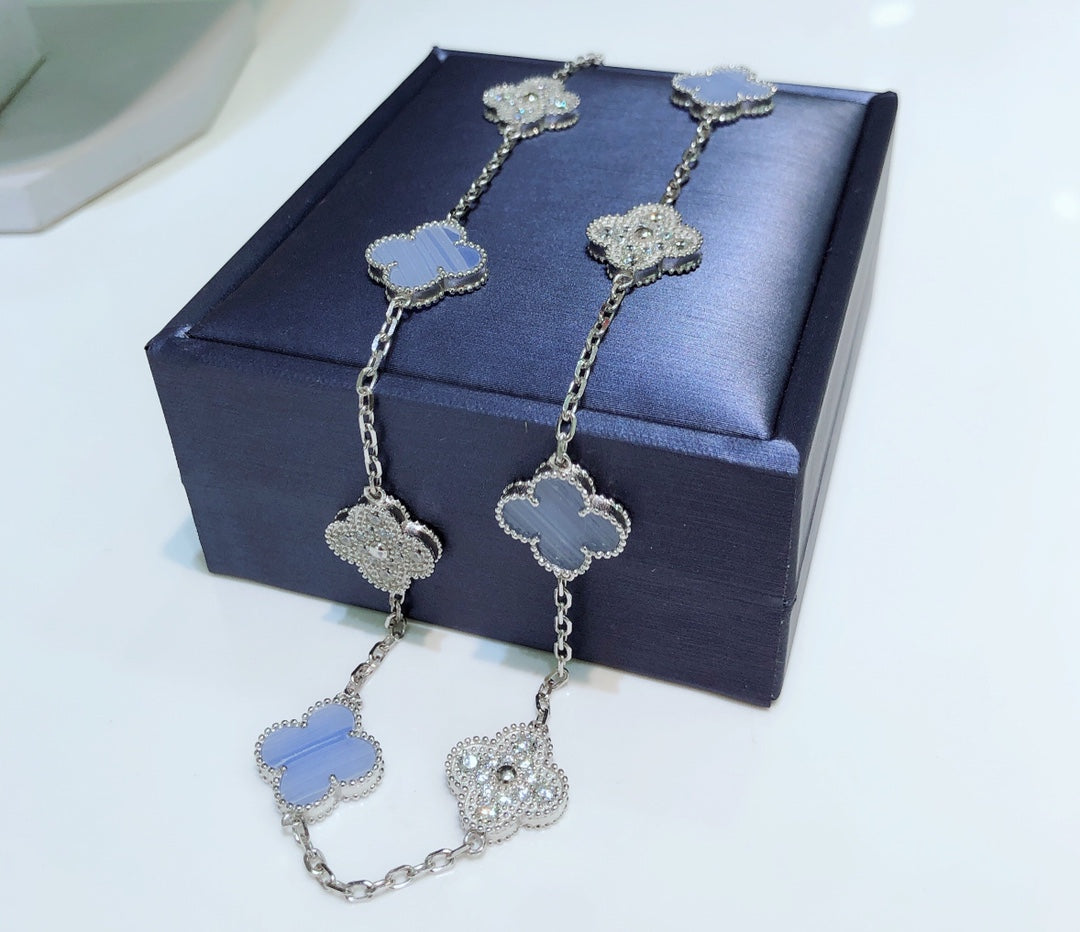 [⭐Miroze]CLOVER 10 MOTIFS CHALCEDONY DIAMONDS SILVER NECKLACE