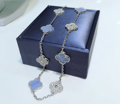 [⭐Miroze]CLOVER 10 MOTIFS CHALCEDONY DIAMONDS SILVER NECKLACE