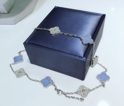 [⭐Miroze]CLOVER 10 MOTIFS CHALCEDONY DIAMONDS SILVER NECKLACE