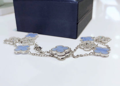 [⭐Miroze]CLOVER 10 MOTIFS CHALCEDONY DIAMONDS SILVER NECKLACE