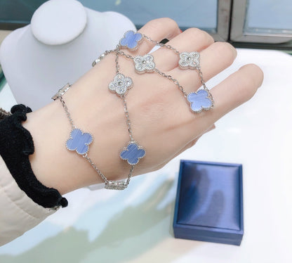 [⭐Miroze]CLOVER 10 MOTIFS CHALCEDONY DIAMONDS SILVER NECKLACE