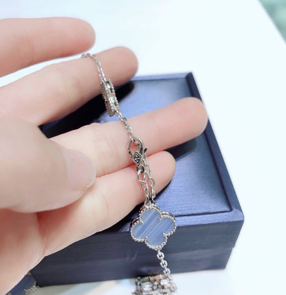 [⭐Miroze]CLOVER 10 MOTIFS CHALCEDONY DIAMONDS SILVER NECKLACE