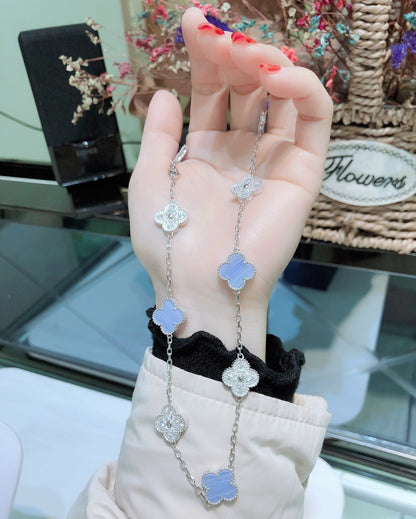 [⭐Miroze]CLOVER 10 MOTIFS CHALCEDONY DIAMONDS SILVER NECKLACE